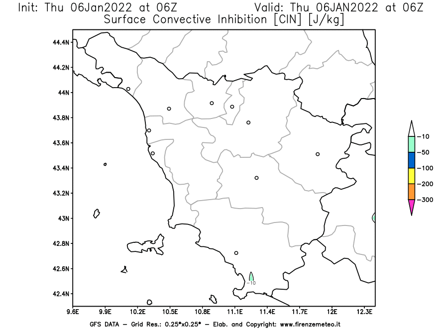 Mappa di analisi GFS - CIN [J/kg] in Toscana
							del 06/01/2022 06 <!--googleoff: index-->UTC<!--googleon: index-->