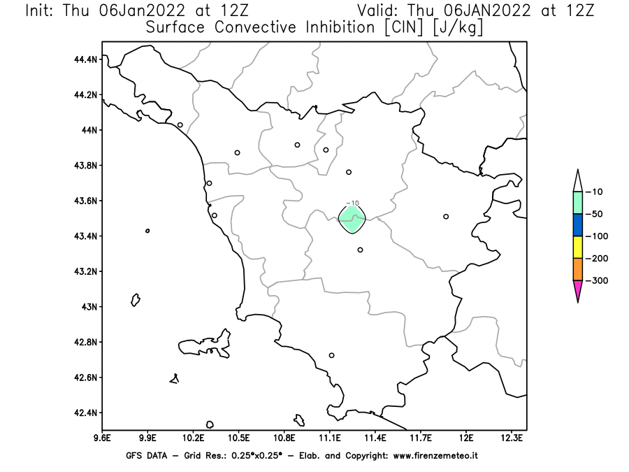 Mappa di analisi GFS - CIN [J/kg] in Toscana
							del 06/01/2022 12 <!--googleoff: index-->UTC<!--googleon: index-->