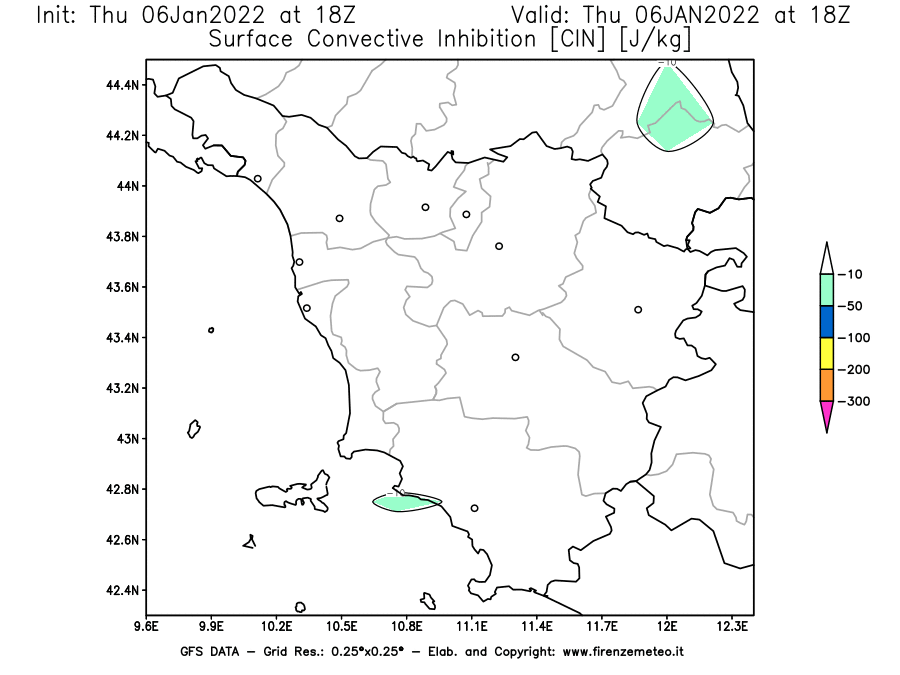 Mappa di analisi GFS - CIN [J/kg] in Toscana
							del 06/01/2022 18 <!--googleoff: index-->UTC<!--googleon: index-->