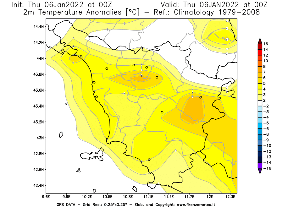 Mappa di analisi GFS - Anomalia Temperatura [°C] a 2 m in Toscana
							del 06/01/2022 00 <!--googleoff: index-->UTC<!--googleon: index-->