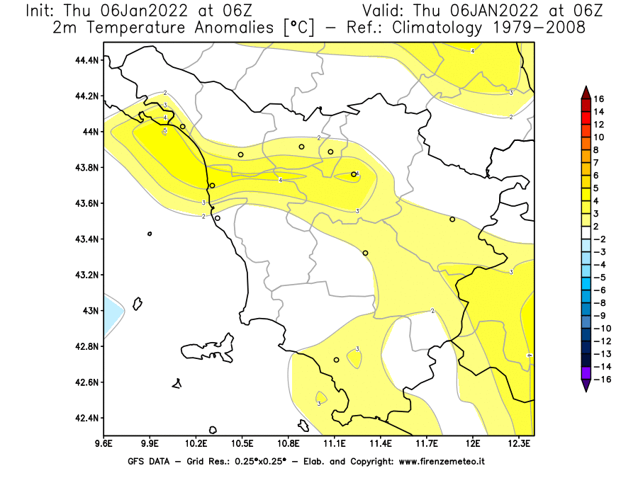 Mappa di analisi GFS - Anomalia Temperatura [°C] a 2 m in Toscana
							del 06/01/2022 06 <!--googleoff: index-->UTC<!--googleon: index-->