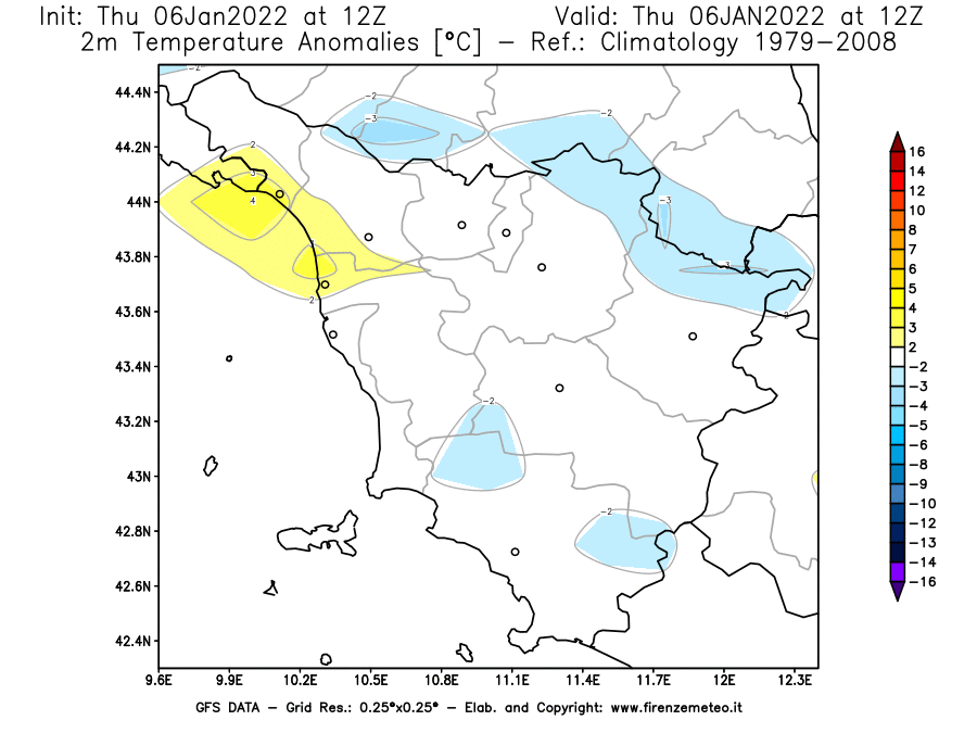 Mappa di analisi GFS - Anomalia Temperatura [°C] a 2 m in Toscana
							del 06/01/2022 12 <!--googleoff: index-->UTC<!--googleon: index-->