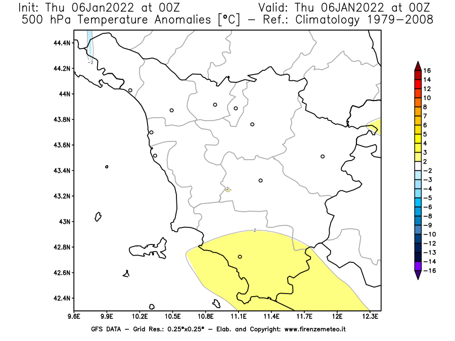 Mappa di analisi GFS - Anomalia Temperatura [°C] a 500 hPa in Toscana
							del 06/01/2022 00 <!--googleoff: index-->UTC<!--googleon: index-->