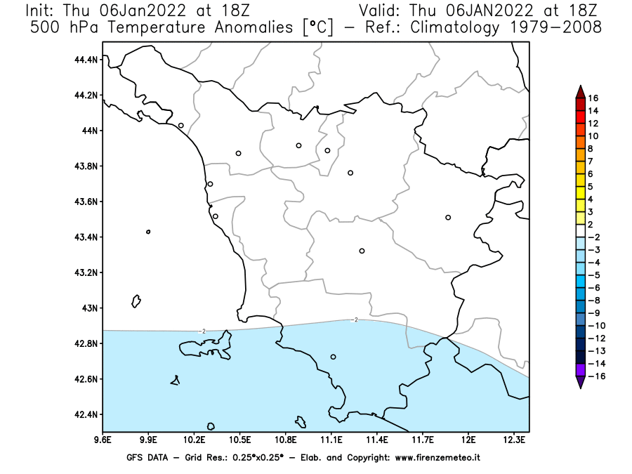 Mappa di analisi GFS - Anomalia Temperatura [°C] a 500 hPa in Toscana
							del 06/01/2022 18 <!--googleoff: index-->UTC<!--googleon: index-->