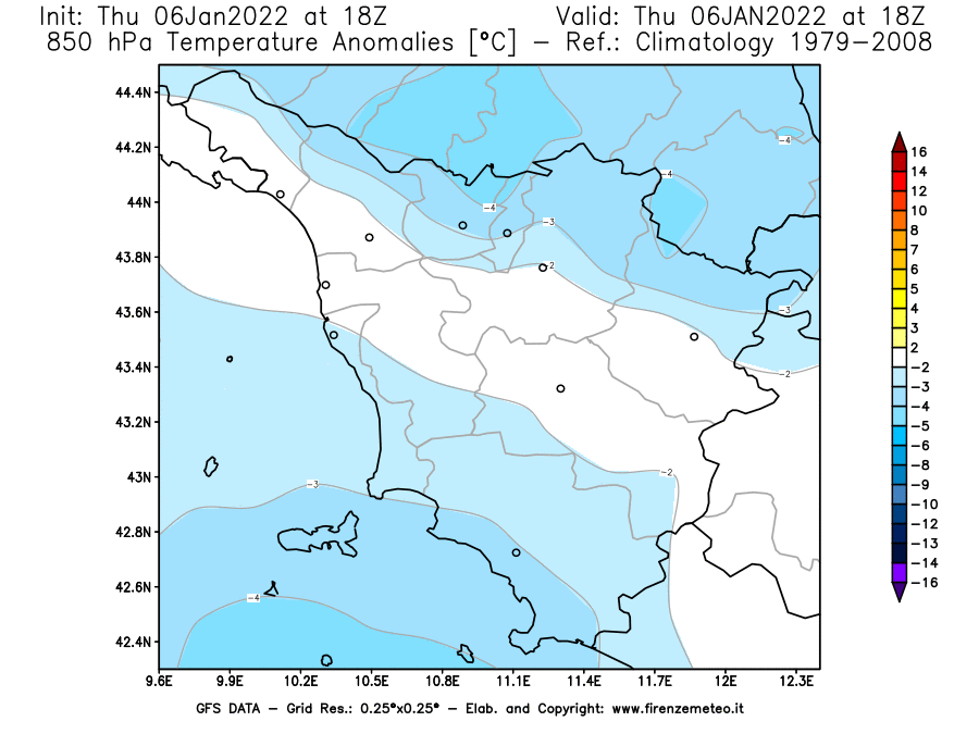 Mappa di analisi GFS - Anomalia Temperatura [°C] a 850 hPa in Toscana
							del 06/01/2022 18 <!--googleoff: index-->UTC<!--googleon: index-->