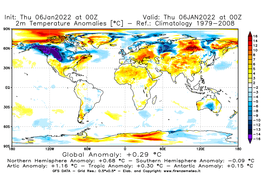 Mappa di analisi GFS - Anomalia Temperatura [°C] a 2 m in World
							del 06/01/2022 00 <!--googleoff: index-->UTC<!--googleon: index-->