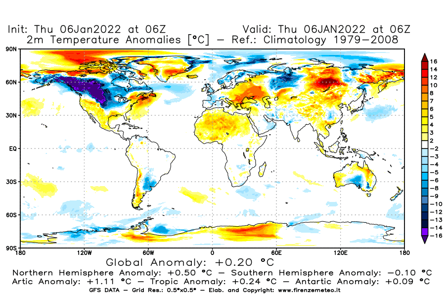 Mappa di analisi GFS - Anomalia Temperatura [°C] a 2 m in World
							del 06/01/2022 06 <!--googleoff: index-->UTC<!--googleon: index-->