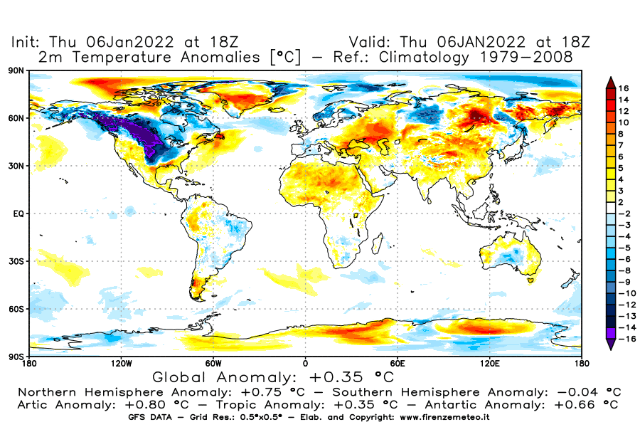 Mappa di analisi GFS - Anomalia Temperatura [°C] a 2 m in World
							del 06/01/2022 18 <!--googleoff: index-->UTC<!--googleon: index-->