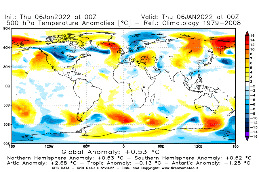 Mappa di analisi GFS - Anomalia Temperatura [°C] a 500 hPa in World
							del 06/01/2022 00 <!--googleoff: index-->UTC<!--googleon: index-->