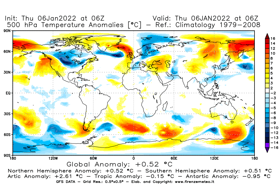 Mappa di analisi GFS - Anomalia Temperatura [°C] a 500 hPa in World
							del 06/01/2022 06 <!--googleoff: index-->UTC<!--googleon: index-->