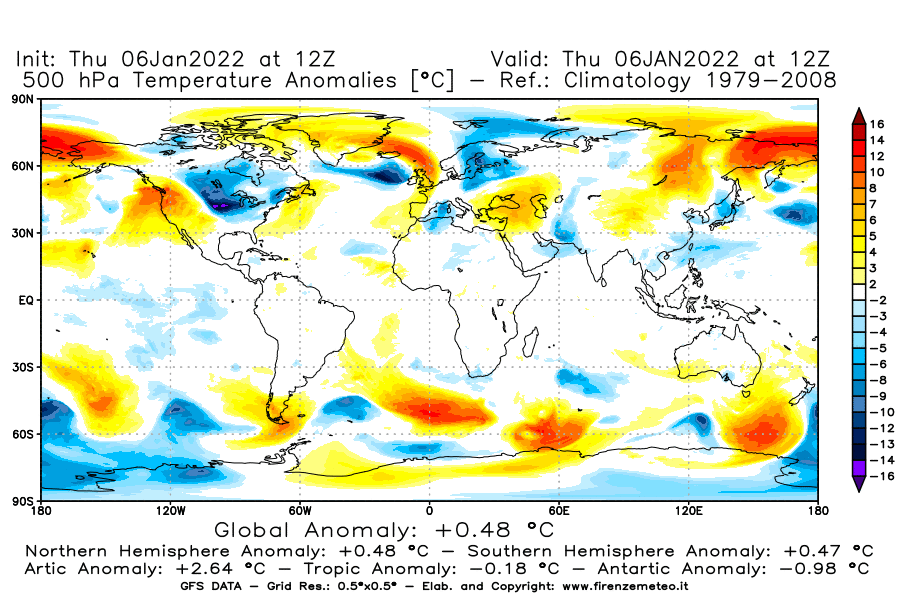 Mappa di analisi GFS - Anomalia Temperatura [°C] a 500 hPa in World
							del 06/01/2022 12 <!--googleoff: index-->UTC<!--googleon: index-->