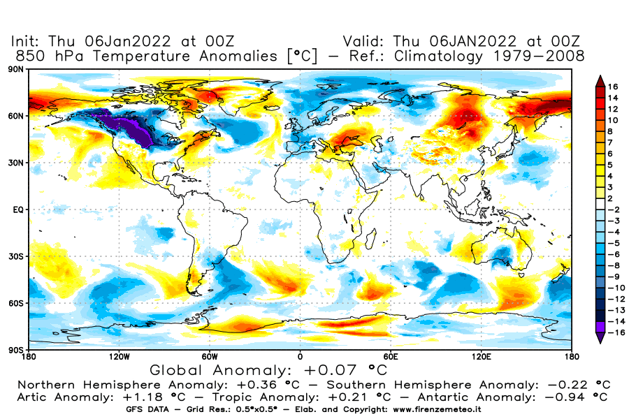 Mappa di analisi GFS - Anomalia Temperatura [°C] a 850 hPa in World
							del 06/01/2022 00 <!--googleoff: index-->UTC<!--googleon: index-->