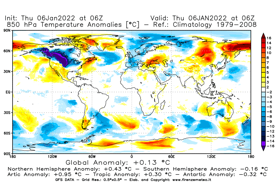 Mappa di analisi GFS - Anomalia Temperatura [°C] a 850 hPa in World
							del 06/01/2022 06 <!--googleoff: index-->UTC<!--googleon: index-->