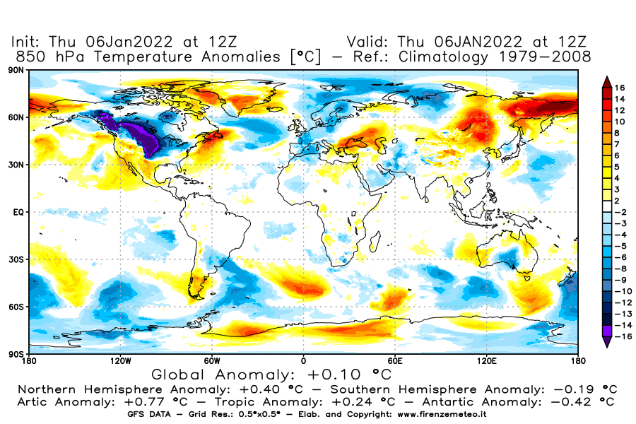 Mappa di analisi GFS - Anomalia Temperatura [°C] a 850 hPa in World
							del 06/01/2022 12 <!--googleoff: index-->UTC<!--googleon: index-->