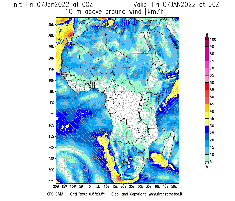 Mappa di analisi GFS - Velocità del vento a 10 metri dal suolo [km/h] in Africa
							del 07/01/2022 00 <!--googleoff: index-->UTC<!--googleon: index-->