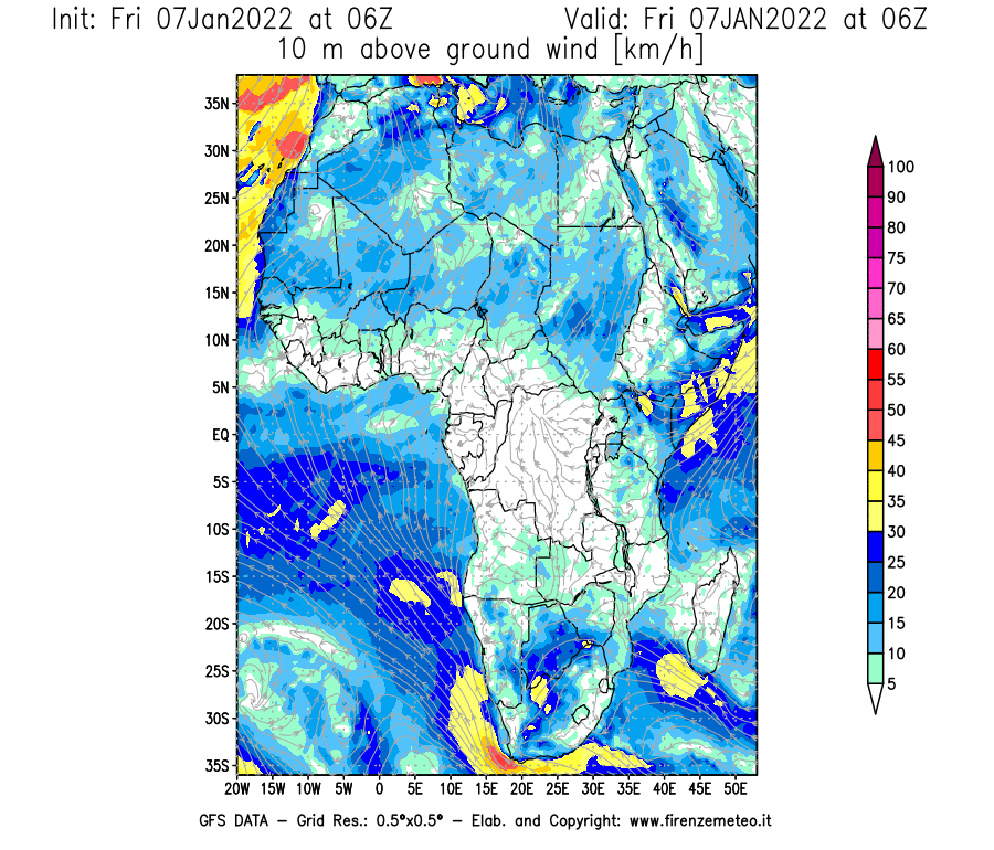 Mappa di analisi GFS - Velocità del vento a 10 metri dal suolo [km/h] in Africa
							del 07/01/2022 06 <!--googleoff: index-->UTC<!--googleon: index-->