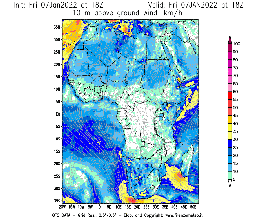 Mappa di analisi GFS - Velocità del vento a 10 metri dal suolo [km/h] in Africa
							del 07/01/2022 18 <!--googleoff: index-->UTC<!--googleon: index-->