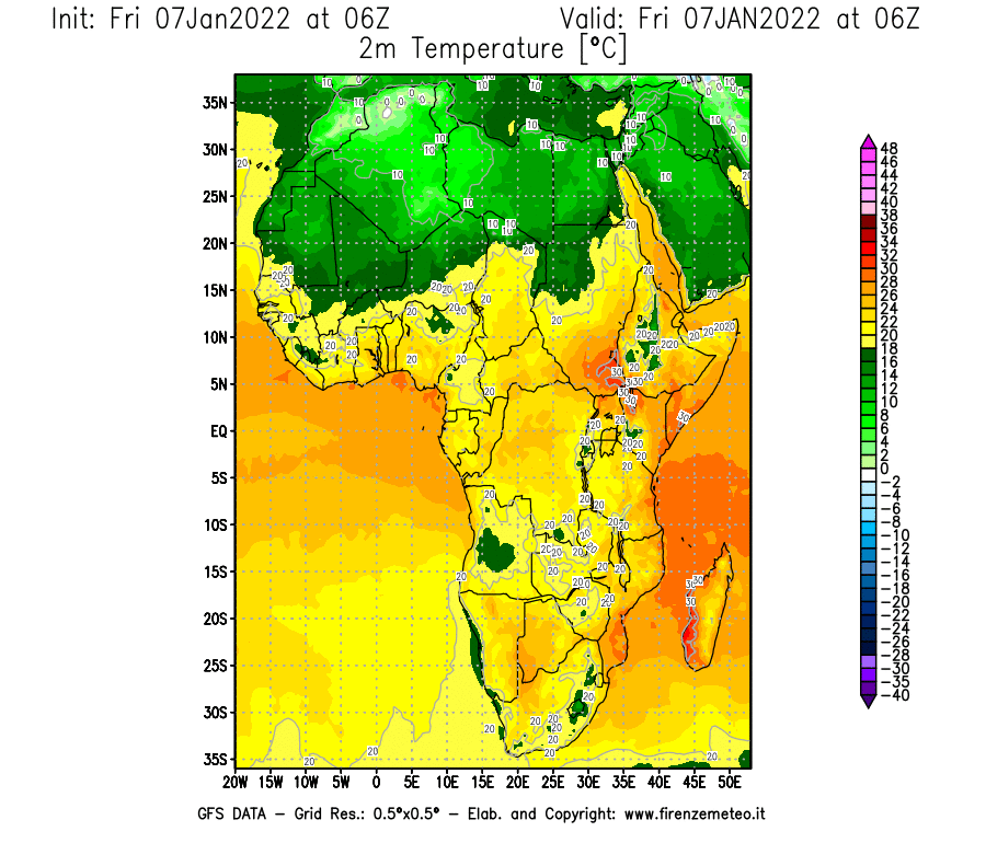 Mappa di analisi GFS - Temperatura a 2 metri dal suolo [°C] in Africa
							del 07/01/2022 06 <!--googleoff: index-->UTC<!--googleon: index-->