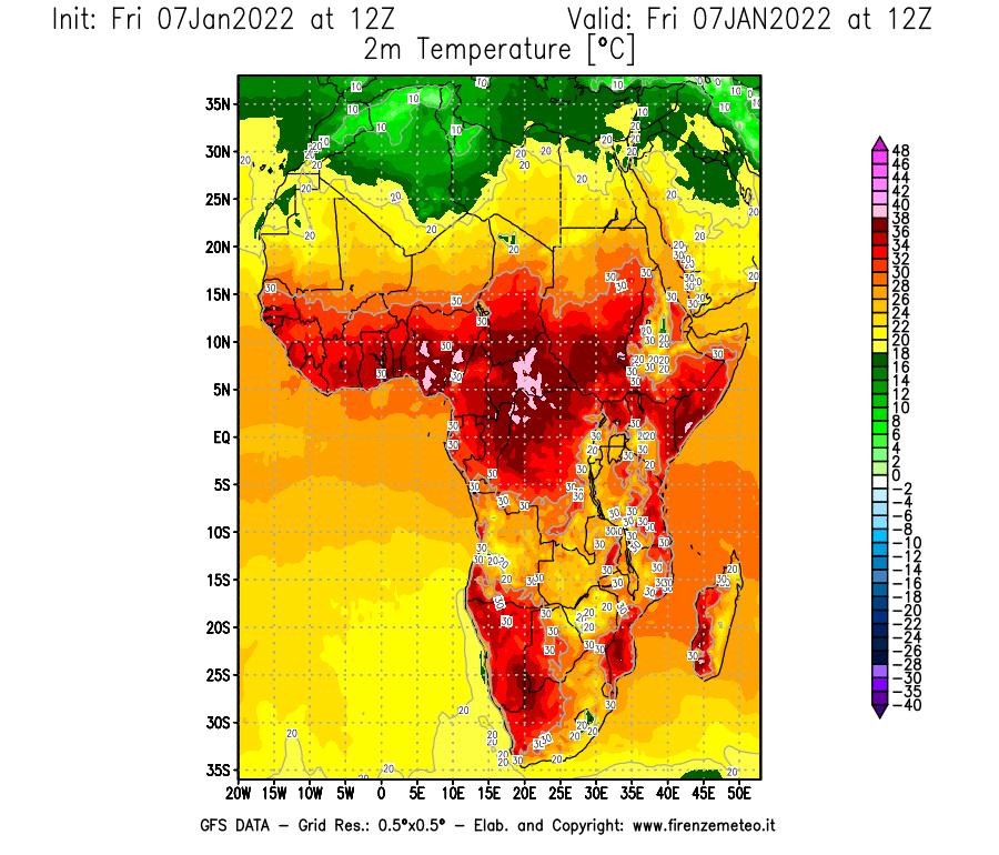 Mappa di analisi GFS - Temperatura a 2 metri dal suolo [°C] in Africa
							del 07/01/2022 12 <!--googleoff: index-->UTC<!--googleon: index-->