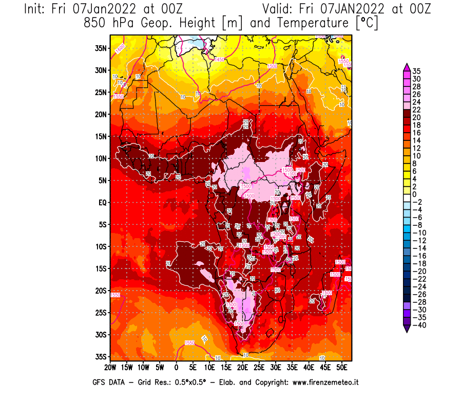 Mappa di analisi GFS - Geopotenziale [m] e Temperatura [°C] a 850 hPa in Africa
							del 07/01/2022 00 <!--googleoff: index-->UTC<!--googleon: index-->