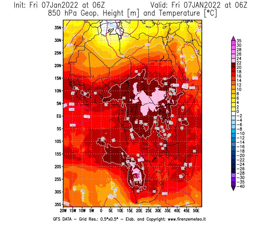 Mappa di analisi GFS - Geopotenziale [m] e Temperatura [°C] a 850 hPa in Africa
							del 07/01/2022 06 <!--googleoff: index-->UTC<!--googleon: index-->