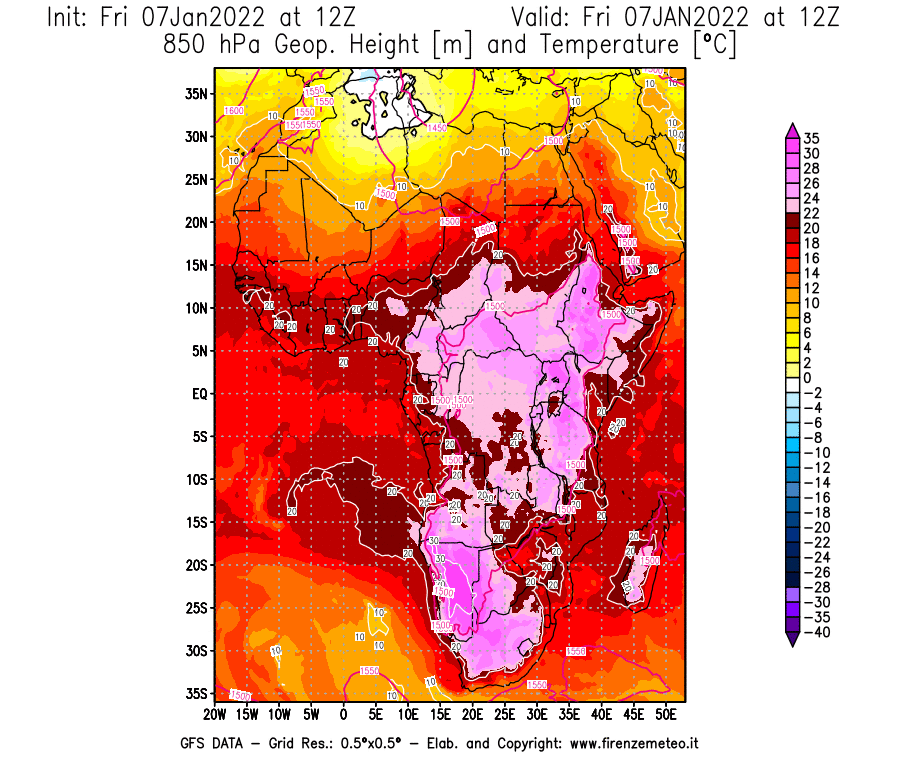 Mappa di analisi GFS - Geopotenziale [m] e Temperatura [°C] a 850 hPa in Africa
							del 07/01/2022 12 <!--googleoff: index-->UTC<!--googleon: index-->