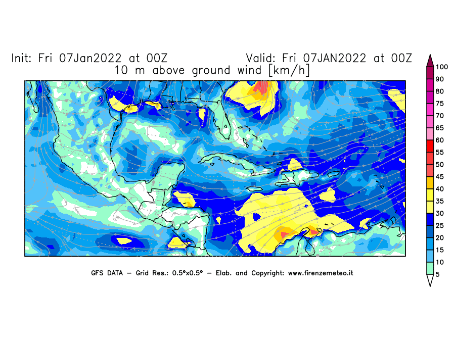 Mappa di analisi GFS - Velocità del vento a 10 metri dal suolo [km/h] in Centro-America
							del 07/01/2022 00 <!--googleoff: index-->UTC<!--googleon: index-->