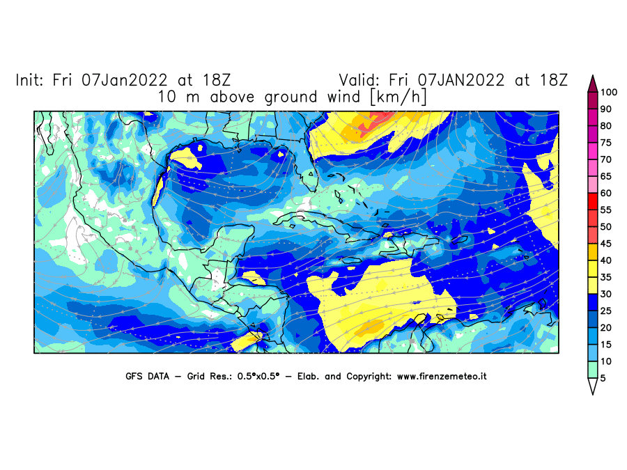 Mappa di analisi GFS - Velocità del vento a 10 metri dal suolo [km/h] in Centro-America
							del 07/01/2022 18 <!--googleoff: index-->UTC<!--googleon: index-->