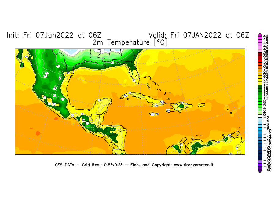 Mappa di analisi GFS - Temperatura a 2 metri dal suolo [°C] in Centro-America
							del 07/01/2022 06 <!--googleoff: index-->UTC<!--googleon: index-->