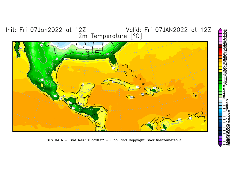 Mappa di analisi GFS - Temperatura a 2 metri dal suolo [°C] in Centro-America
							del 07/01/2022 12 <!--googleoff: index-->UTC<!--googleon: index-->