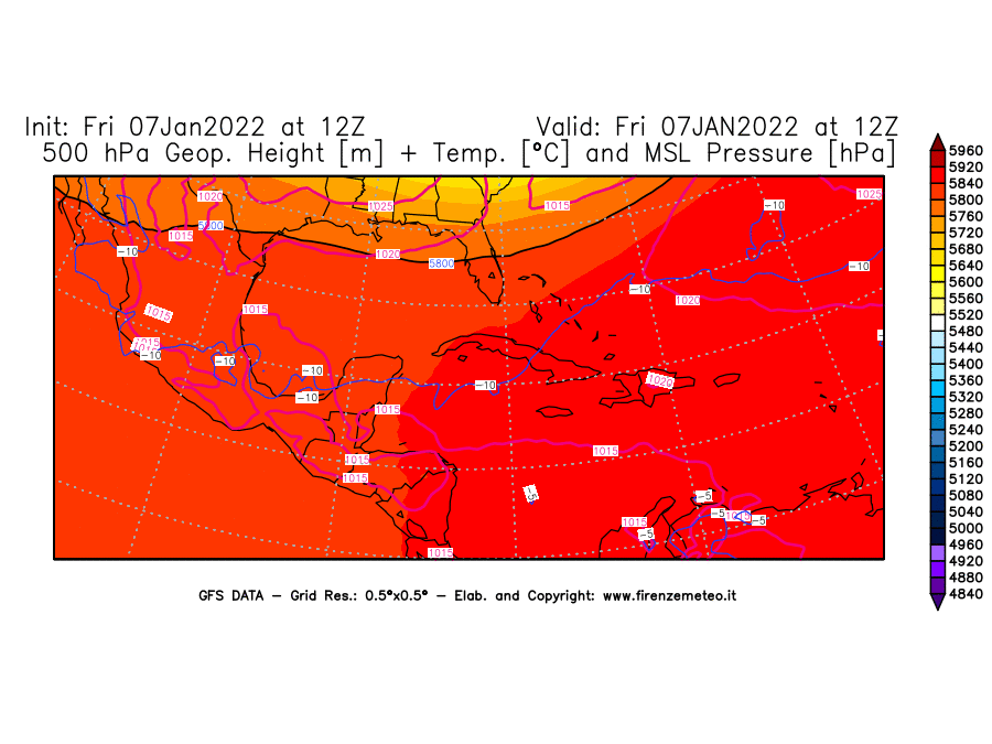 Mappa di analisi GFS - Geopotenziale [m] + Temp. [°C] a 500 hPa + Press. a livello del mare [hPa] in Centro-America
							del 07/01/2022 12 <!--googleoff: index-->UTC<!--googleon: index-->