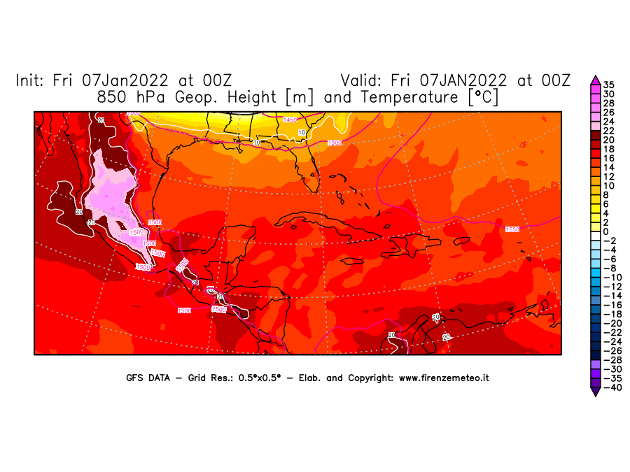 Mappa di analisi GFS - Geopotenziale [m] e Temperatura [°C] a 850 hPa in Centro-America
							del 07/01/2022 00 <!--googleoff: index-->UTC<!--googleon: index-->