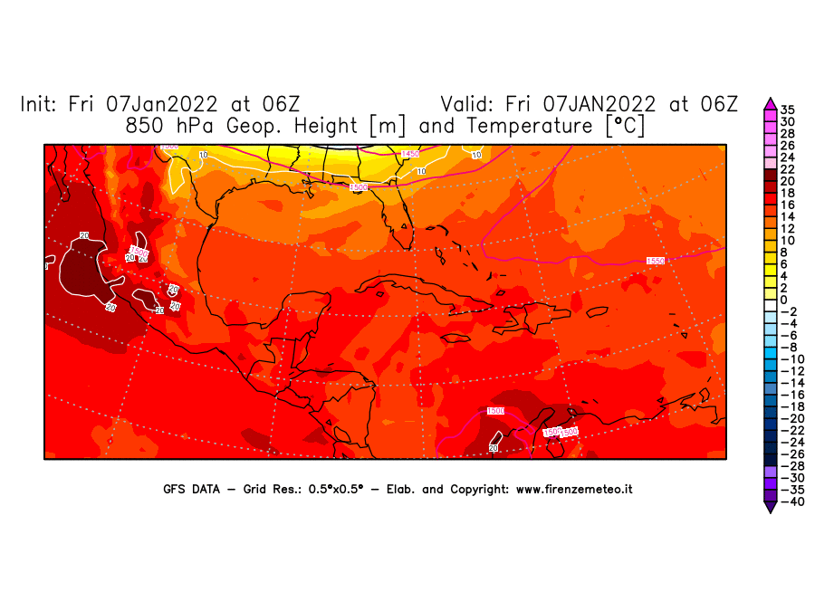 Mappa di analisi GFS - Geopotenziale [m] e Temperatura [°C] a 850 hPa in Centro-America
							del 07/01/2022 06 <!--googleoff: index-->UTC<!--googleon: index-->