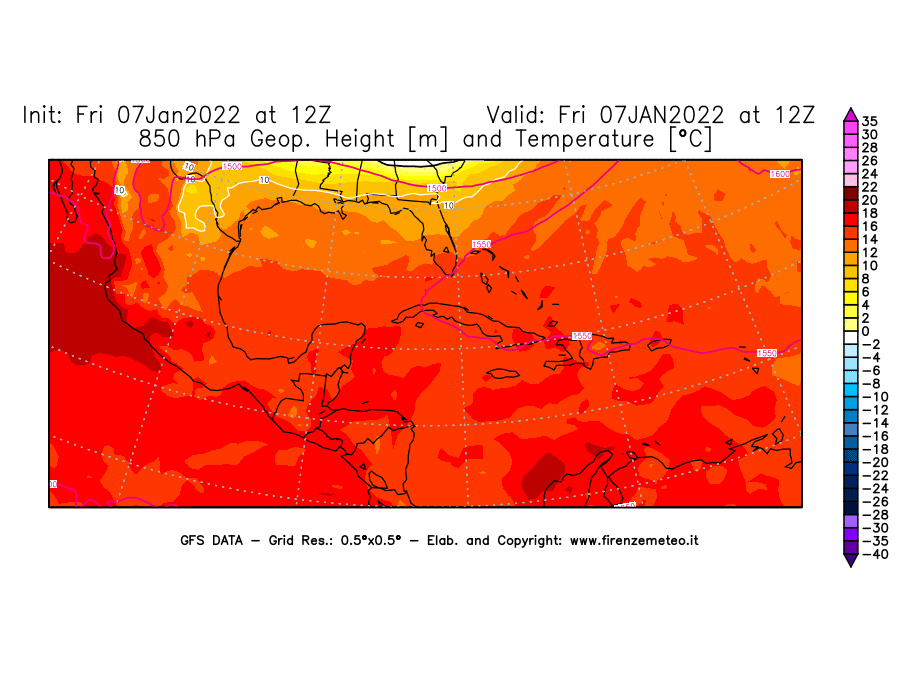 Mappa di analisi GFS - Geopotenziale [m] e Temperatura [°C] a 850 hPa in Centro-America
							del 07/01/2022 12 <!--googleoff: index-->UTC<!--googleon: index-->