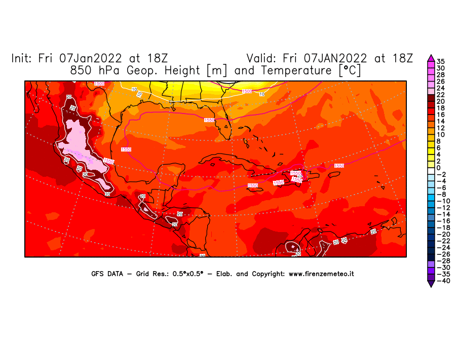 Mappa di analisi GFS - Geopotenziale [m] e Temperatura [°C] a 850 hPa in Centro-America
							del 07/01/2022 18 <!--googleoff: index-->UTC<!--googleon: index-->