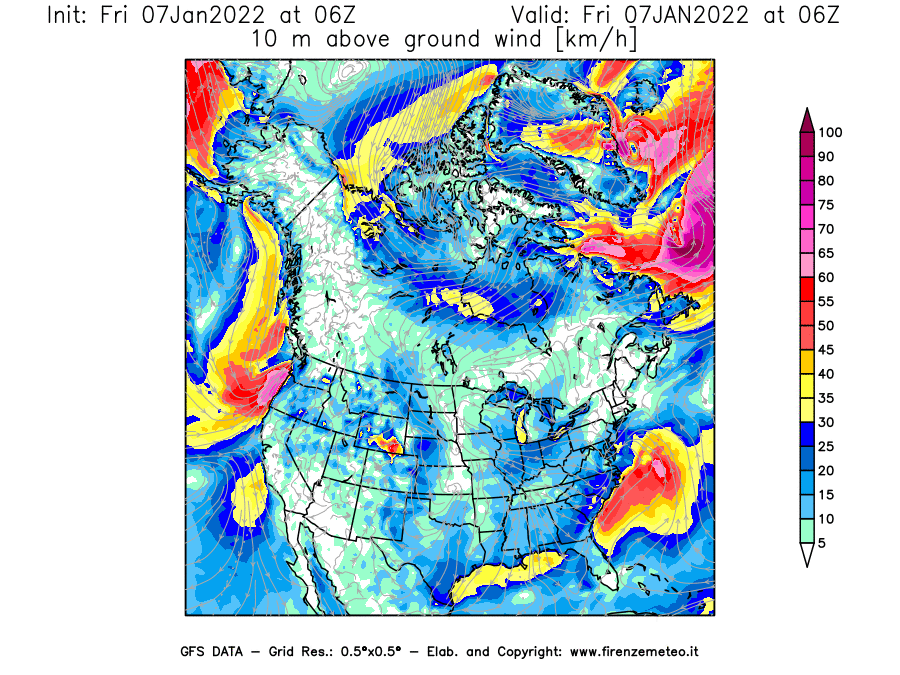 Mappa di analisi GFS - Velocità del vento a 10 metri dal suolo [km/h] in Nord-America
							del 07/01/2022 06 <!--googleoff: index-->UTC<!--googleon: index-->