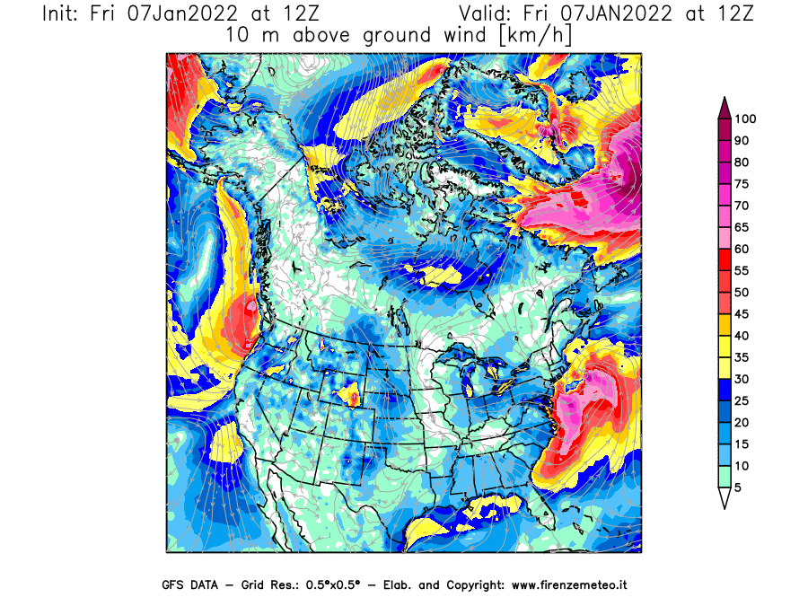 Mappa di analisi GFS - Velocità del vento a 10 metri dal suolo [km/h] in Nord-America
							del 07/01/2022 12 <!--googleoff: index-->UTC<!--googleon: index-->