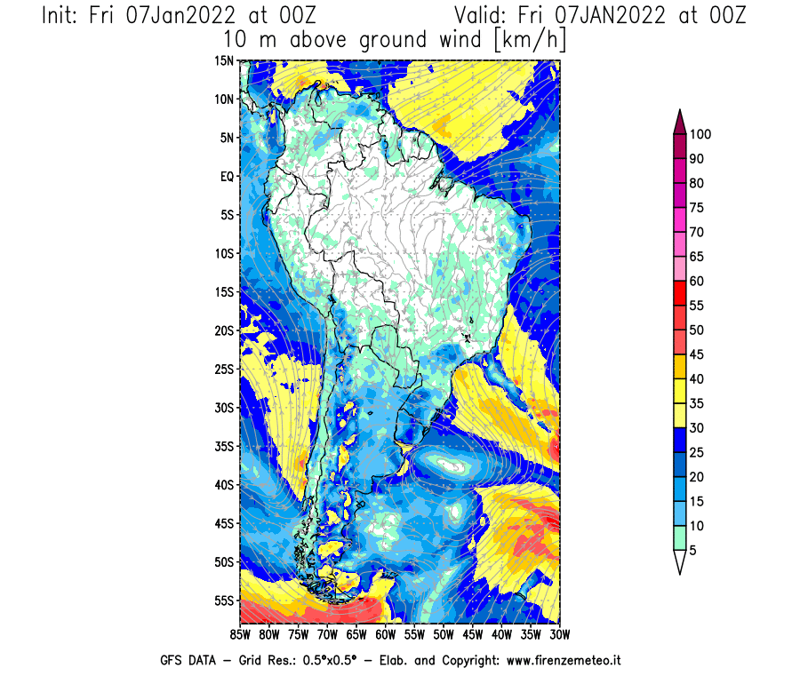 Mappa di analisi GFS - Velocità del vento a 10 metri dal suolo [km/h] in Sud-America
							del 07/01/2022 00 <!--googleoff: index-->UTC<!--googleon: index-->