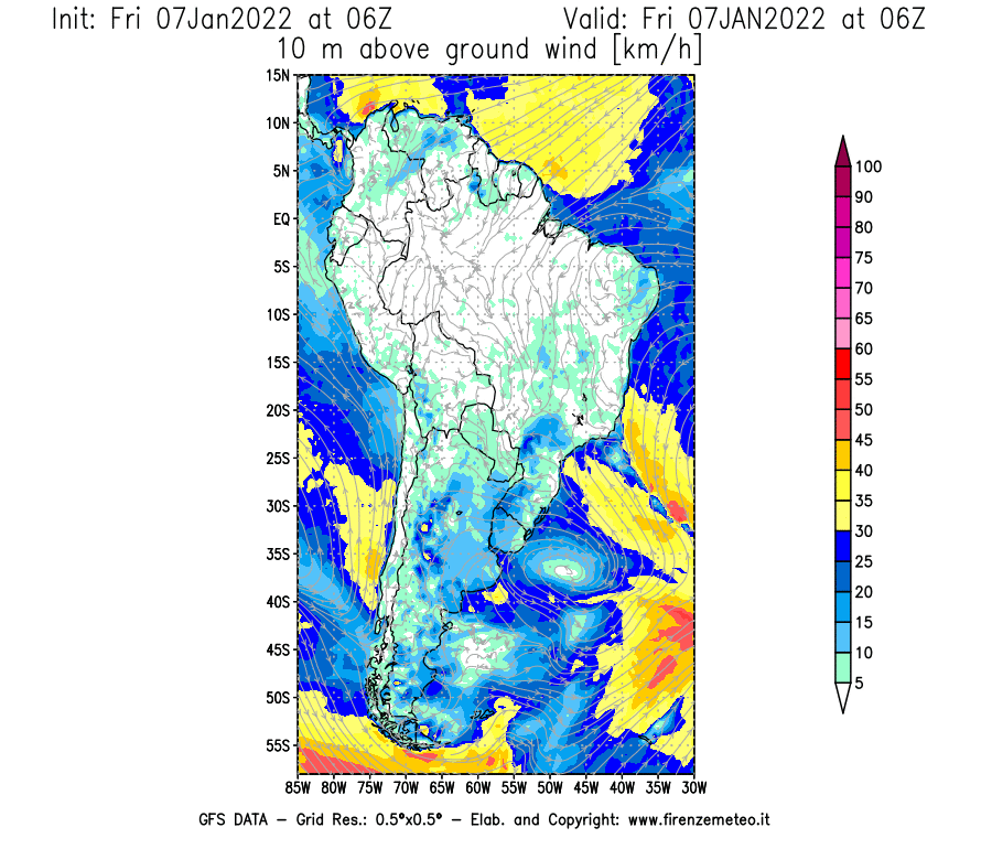 Mappa di analisi GFS - Velocità del vento a 10 metri dal suolo [km/h] in Sud-America
							del 07/01/2022 06 <!--googleoff: index-->UTC<!--googleon: index-->