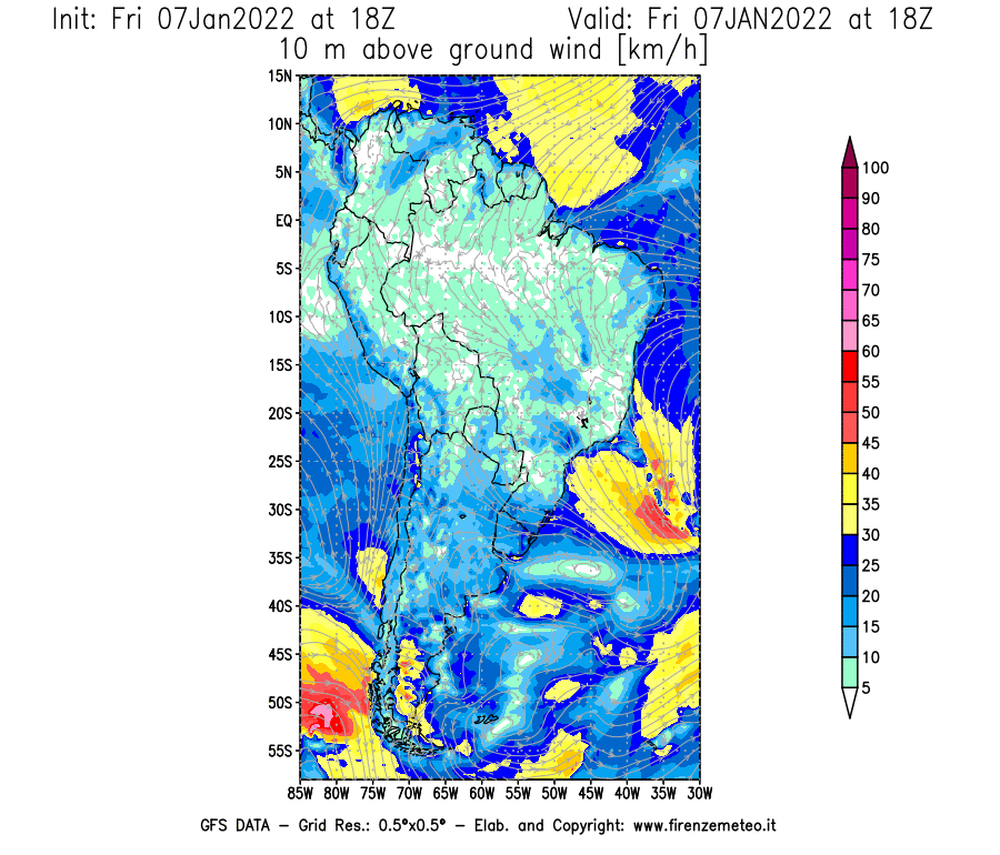 Mappa di analisi GFS - Velocità del vento a 10 metri dal suolo [km/h] in Sud-America
							del 07/01/2022 18 <!--googleoff: index-->UTC<!--googleon: index-->