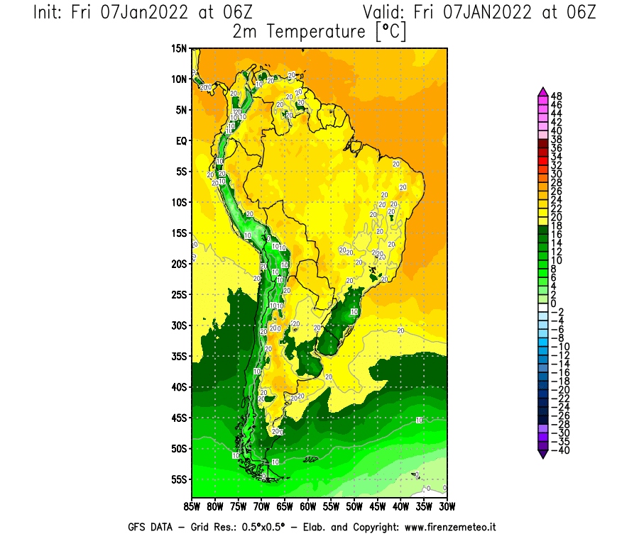 Mappa di analisi GFS - Temperatura a 2 metri dal suolo [°C] in Sud-America
							del 07/01/2022 06 <!--googleoff: index-->UTC<!--googleon: index-->