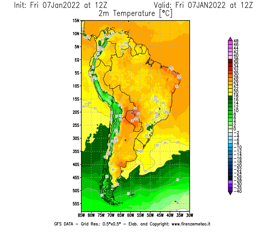 Mappa di analisi GFS - Temperatura a 2 metri dal suolo [°C] in Sud-America
							del 07/01/2022 12 <!--googleoff: index-->UTC<!--googleon: index-->
