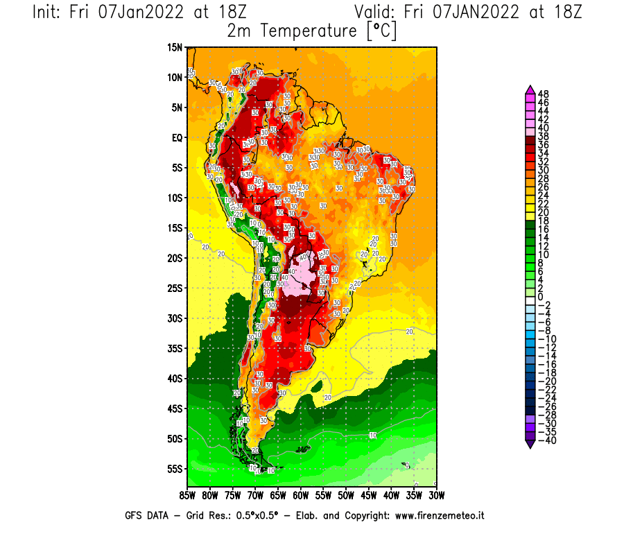 Mappa di analisi GFS - Temperatura a 2 metri dal suolo [°C] in Sud-America
							del 07/01/2022 18 <!--googleoff: index-->UTC<!--googleon: index-->