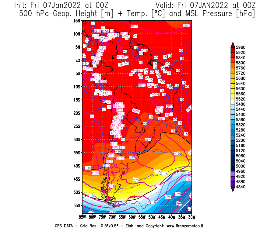 Mappa di analisi GFS - Geopotenziale [m] + Temp. [°C] a 500 hPa + Press. a livello del mare [hPa] in Sud-America
							del 07/01/2022 00 <!--googleoff: index-->UTC<!--googleon: index-->
