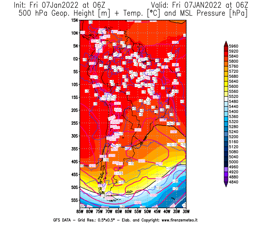Mappa di analisi GFS - Geopotenziale [m] + Temp. [°C] a 500 hPa + Press. a livello del mare [hPa] in Sud-America
							del 07/01/2022 06 <!--googleoff: index-->UTC<!--googleon: index-->