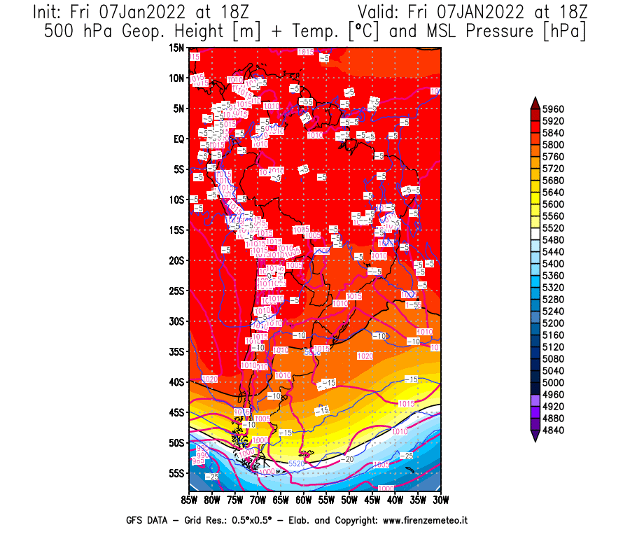 Mappa di analisi GFS - Geopotenziale [m] + Temp. [°C] a 500 hPa + Press. a livello del mare [hPa] in Sud-America
							del 07/01/2022 18 <!--googleoff: index-->UTC<!--googleon: index-->