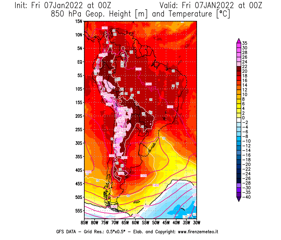 Mappa di analisi GFS - Geopotenziale [m] e Temperatura [°C] a 850 hPa in Sud-America
							del 07/01/2022 00 <!--googleoff: index-->UTC<!--googleon: index-->