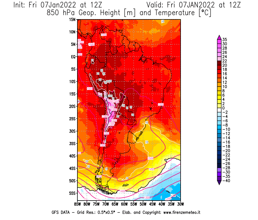 Mappa di analisi GFS - Geopotenziale [m] e Temperatura [°C] a 850 hPa in Sud-America
							del 07/01/2022 12 <!--googleoff: index-->UTC<!--googleon: index-->
