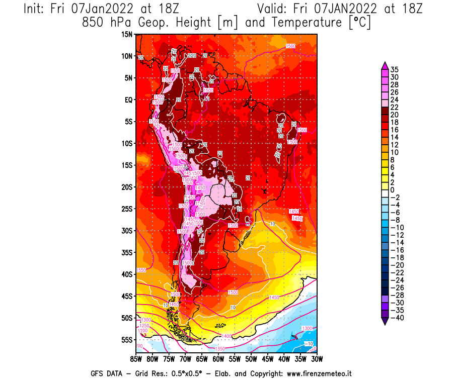 Mappa di analisi GFS - Geopotenziale [m] e Temperatura [°C] a 850 hPa in Sud-America
							del 07/01/2022 18 <!--googleoff: index-->UTC<!--googleon: index-->