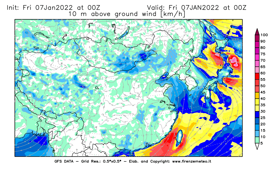 Mappa di analisi GFS - Velocità del vento a 10 metri dal suolo [km/h] in Asia Orientale
							del 07/01/2022 00 <!--googleoff: index-->UTC<!--googleon: index-->